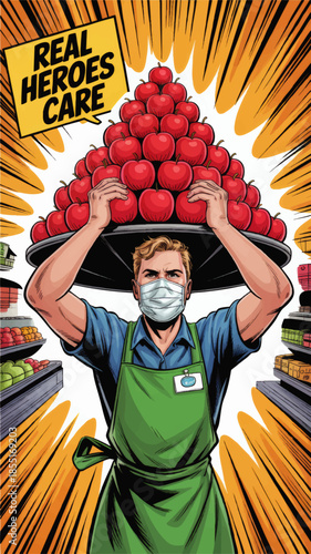 Essential worker superhero grocer in mask carrying apples pyramid, comic book style illustration honoring real everyday heroes