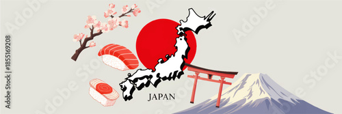 Japan travel illustration with sushi, cherry blossoms, Mount Fuji, torii gate and red sun on minimalist pastel background