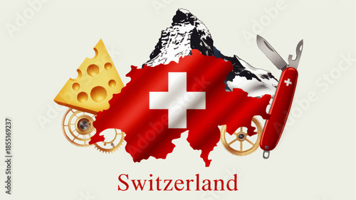 Switzerland icons illustration with map flag Matterhorn mountain Swiss cheese watch gears and red army knife travel concept