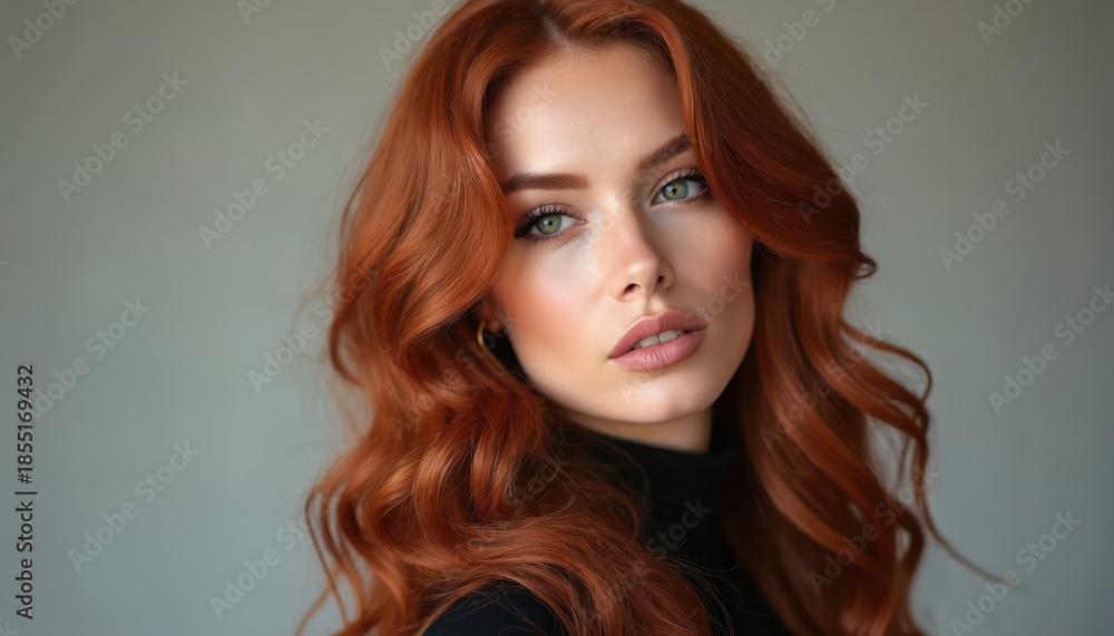Fototapeta premium Elegant woman with long curly red hair looks into camera with gentle gaze. Her sophisticated makeup and style express natural beauty confidence and allure, perfect for fashion.