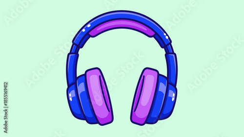 Illustration of blue and purple headphones on a light green background.