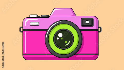 A pink cartoon camera with a green lens on a peach background.