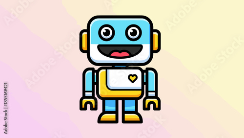 Cartoon robot with a square head and a heart on its chest.