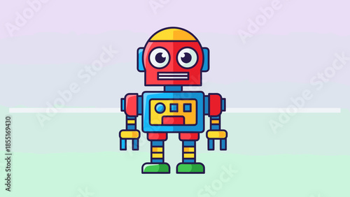 Cartoon robot with red head and body, blue arms and legs, and yellow details.
