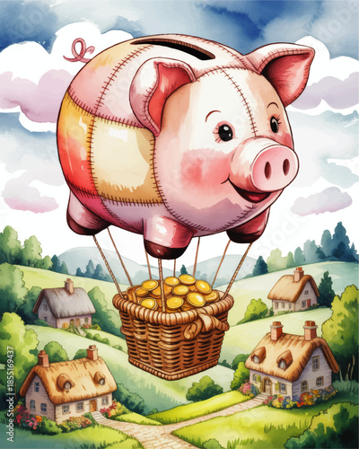 Whimsical piggy bank hot air balloon with basket of gold coins flying over idyllic countryside cottages, watercolor illustration