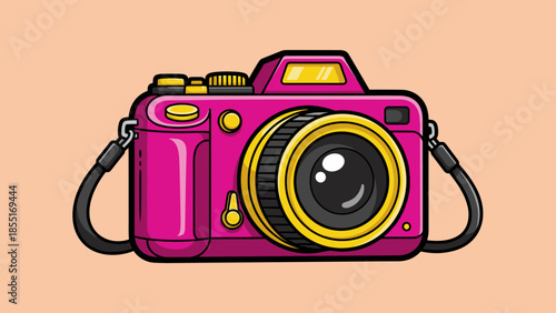 Cartoon illustration of a pink camera with a black strap and yellow accents, set against a peach background.