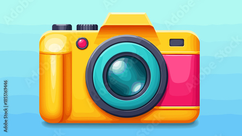 Cartoon illustration of a yellow and pink camera with a blue lens on a blue background.