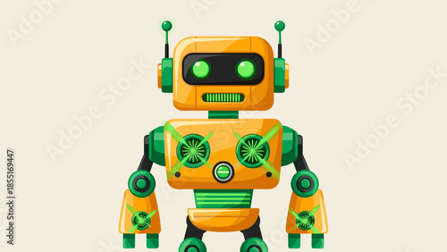 Illustration of a yellow and green robot with glowing green eyes.