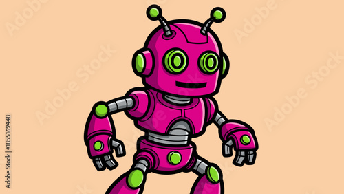 Cartoon illustration of a pink robot with green accents on a peach background.