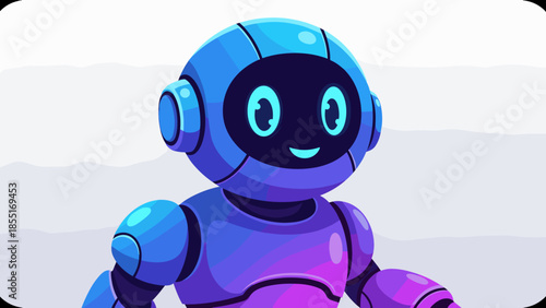 Cartoon robot with a friendly face and blue and purple gradient coloring.