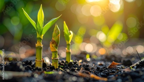 Young bamboo shoots emerging from moist soil in sunlight, symbolizing growth and renewal.