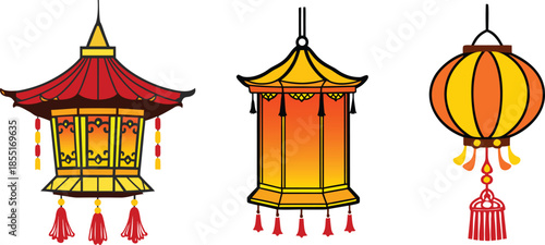 Set of three traditional chinese lanterns illustration for celebration and festival