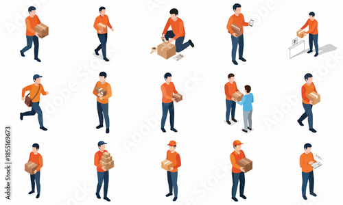 Isometric Detailed Delivery Man Character Holding Package Box Icon Collection