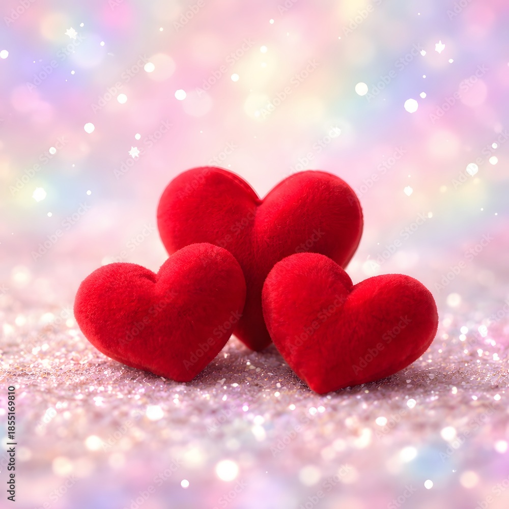 Obraz premium Three red velvet hearts on pastel glitter background