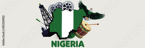 Nigeria map illustration with national flag, eagle, oil industry, film reels and traditional drum symbolizing culture and economy