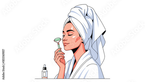 Serene woman with a towel-wrapped head and bathrobe, gently massaging her face with a jade roller, symbolizing a skincare routine.