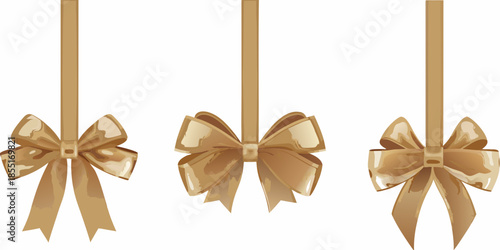 Golden gift bows hanging with ribbons simple decorative elements for celebrations