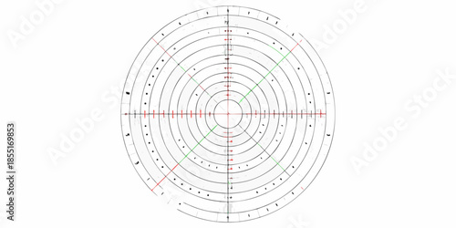A circular diagram with concentric rings radial lines and markings