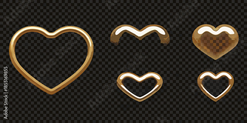 Golden hearts in various styles and shapes on a transparent background