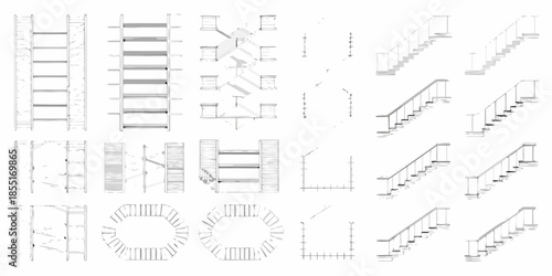 Architectural drawings depicting various staircase designs and structural elements