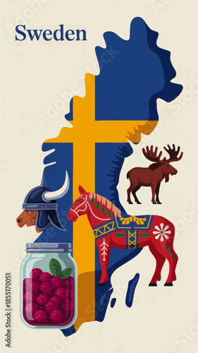 Sweden travel poster with map silhouette flag, Dala horse, elk, Viking helmet and lingonberry jam, Scandinavian tourism illustration