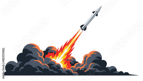 Dynamic rocket launching diagonally into the atmosphere, enveloped by impressive fiery exhaust and dark grey smoke, indicating ascent.