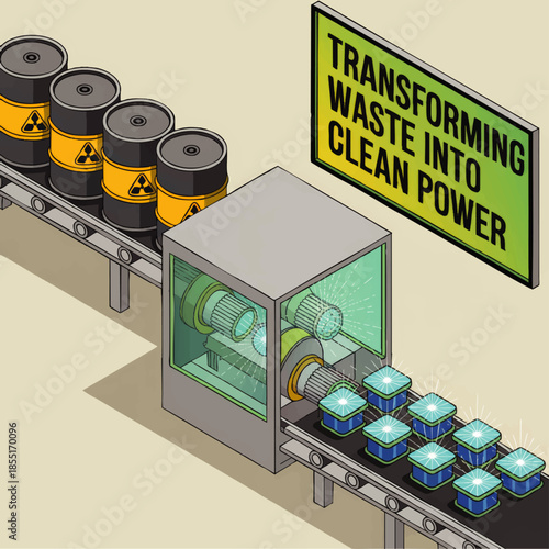 Isometric illustration of nuclear waste barrels converted into clean renewable energy on futuristic factory conveyor line