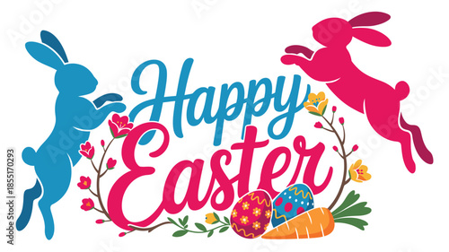 Happy easter festive banner with colorful bunnies, eggs, and spring blossoms Vector