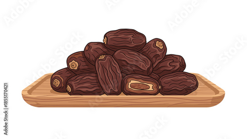 Abundant pile of luscious brown dates carefully arranged on a rustic wooden serving tray, symbolizing natural sweetness and nutrition.