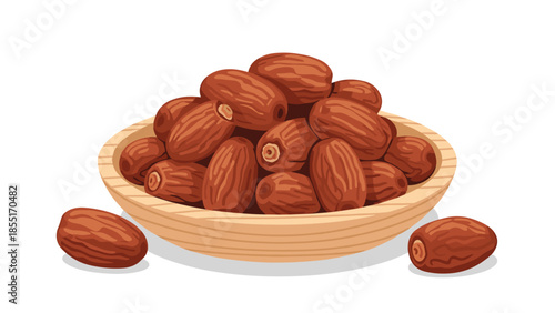 Delicious dried dates in a wooden bowl, perfect for a healthy snack or Iftar during Ramadan, isolated on white background.