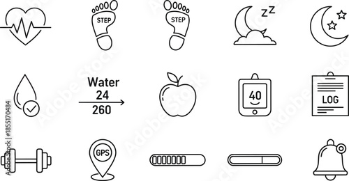 Fitness tracker icons display various health metrics and daily activities at night