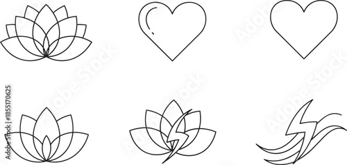 Illustrations of lotus flowers and hearts with lightning bolts are drawn