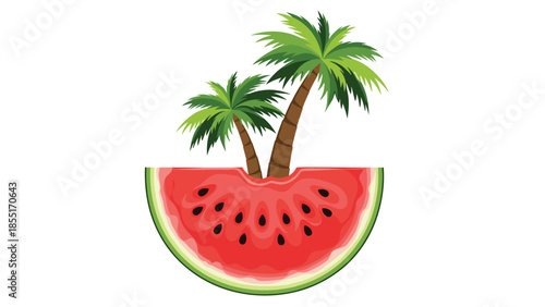 Whimsical summer illustration featuring a juicy half watermelon slice transformed into a tropical island with two vibrant palm trees.
