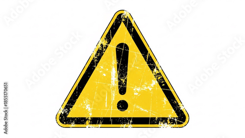 Grungy yellow warning triangle sign with exclamation mark on white background