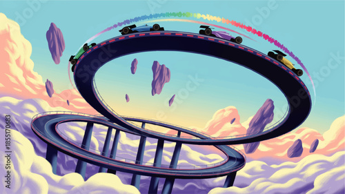 Futuristic racing cars on surreal looping sky highway above colorful clouds with pastel sunset and floating rocks illustration
