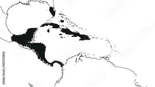 Black silhouette map highlighting the Caribbean Sea region, including the islands and the coastlines of Central and South America.