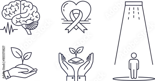 Illustrations of brain, heart, plant, and person under rain symbolize growth and health.