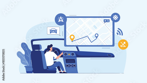 Modern flat illustration of a person using a large dashboard screen for GPS navigation and route planning while driving a car.