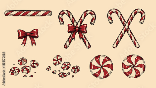 Hand-drawn vintage collection of festive Christmas peppermint sweets, including candy canes, bows, and round hard candies.
