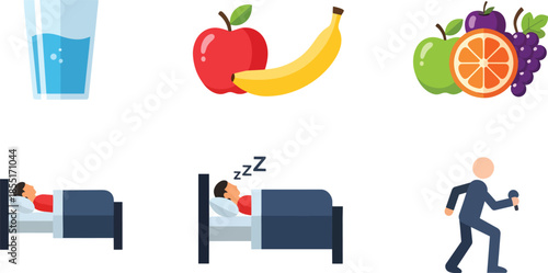 Person sleeping in bed with healthy food and drink nearby, businessman runs by.