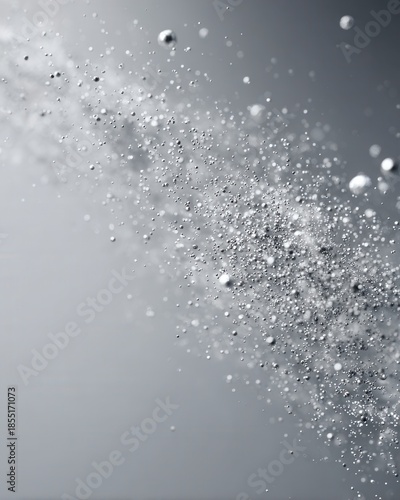 Dispersion of white particles floating on minimalist gray background
