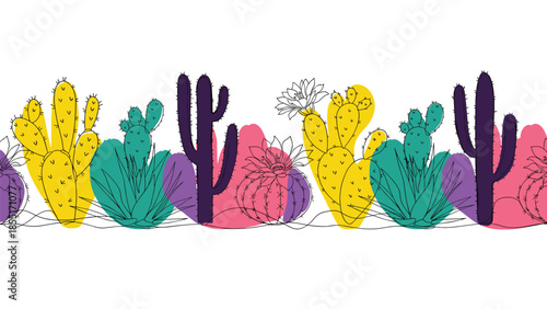 Seamless horizontal border with colorful and modern stylized cacti and succulent plants in a whimsical doodle line art style.