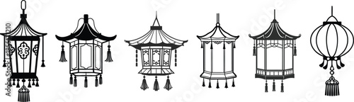Set of six traditional chinese lanterns and lamps in black and white outline style