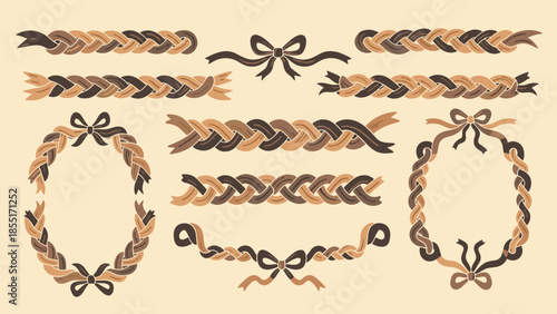 Hand-drawn collection of decorative braided elements, including borders, wreaths, and dividers with bows in neutral earthy tones.