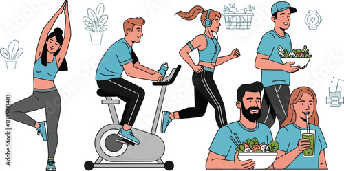 People engaging in fitness activities and eating healthy food together outdoors