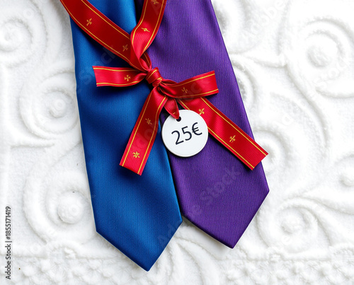 Blue and purple ties with red ribbon and price tag on white background