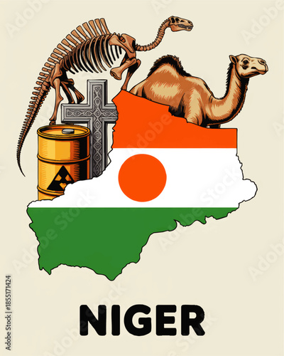 Niger vector illustration with flag map, camel, dinosaur fossil, uranium barrel, cross and cultural symbols on beige background