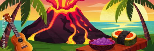 Tropical island volcano at sunset with lava flow, palm trees, ukulele and exotic food, vibrant summer beach landscape illustration