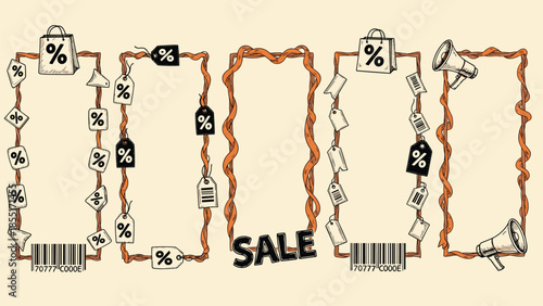 Hand-drawn collection of vintage-style rectangular frames and borders for sales, featuring price tags, barcodes, and shopping bags.