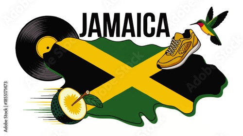 Jamaica culture illustration with flag map vinyl record tropical fruit hummingbird and running shoe travel and music design